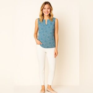 Talbots 100% Linen Blue/White Floral Split Neck Shirt Sz. 2X